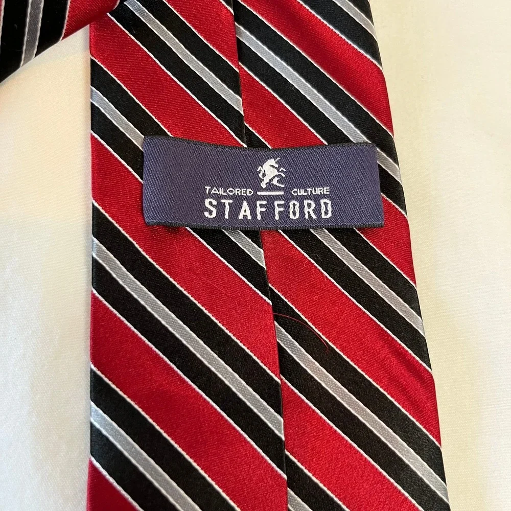 Stafford Mens Necktie Red Black‎ Silver Striped 100% Silk Tie